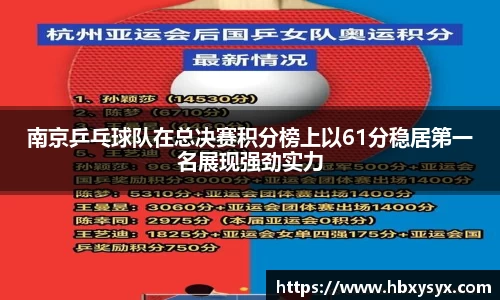 南京乒乓球队在总决赛积分榜上以61分稳居第一名展现强劲实力